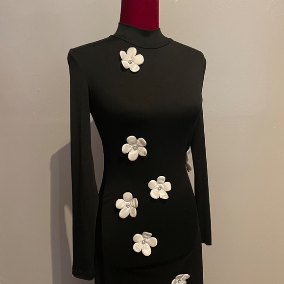 SHEIN White Floral Decor Black Stand Collar Long Sleeve Maxi Dress Size XXS - Picture 15 of 16